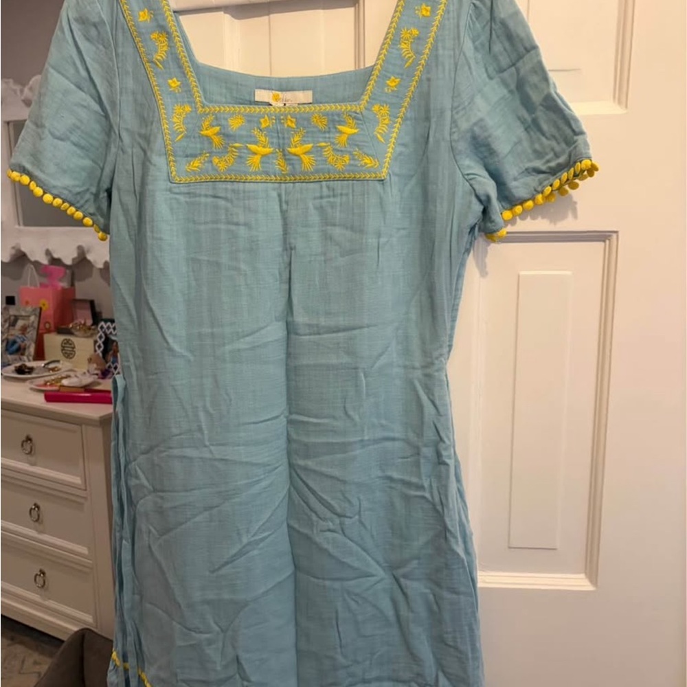 Boden Light Blue Midi Dress with Yellow Embroidery